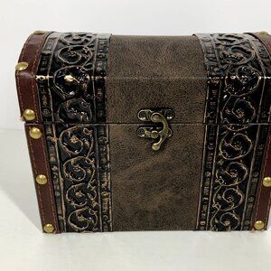 Vintage Wooden Treasure Chest Trinket Box Storage 8x4 Inches Hinged Lid Rustic